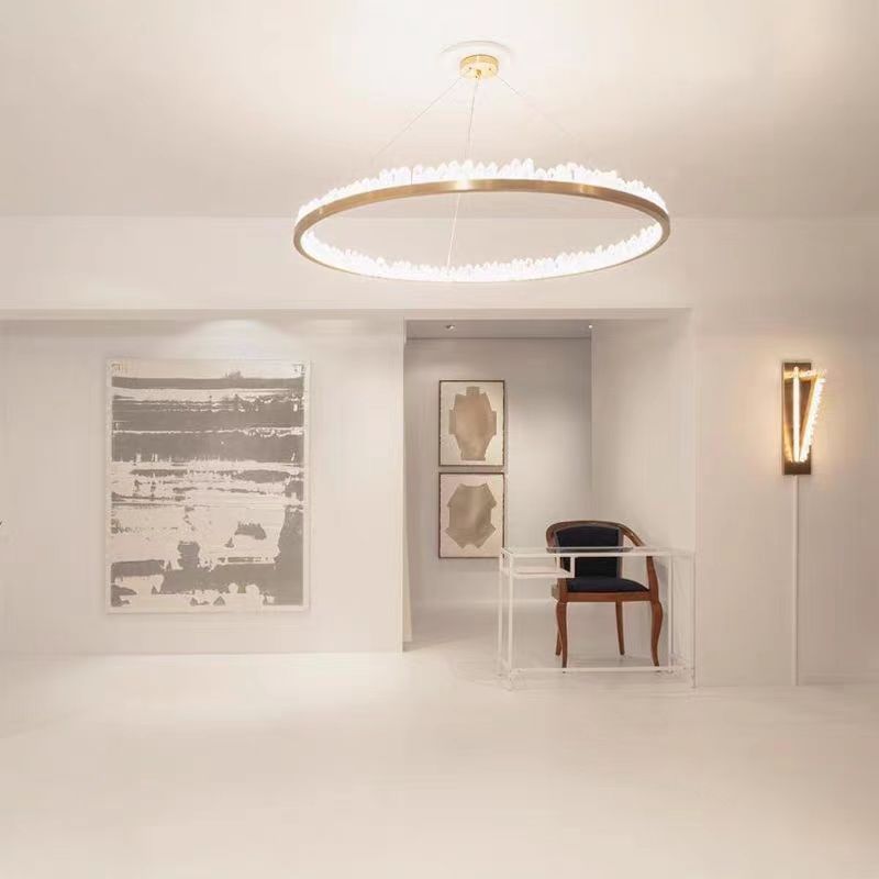 Modern Style Rings Brass & Natural Quartz Crystal Chandelier in Brass/Black Finish-MEET LIGHTING